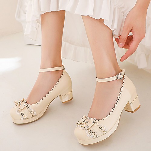 

Women's Lolita Shoes Chunky Heel Round Toe Microfiber Bowknot Rivet Lace Solid Colored Almond White Black