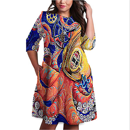 

Women's Plus Size Graphic Animal Print Casual 3/4 Length Sleeve Fall Knee Length Dress Shift Dress Blue