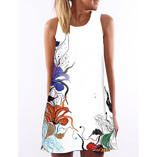 

Women's A Line Dress Short Mini Dress White Sleeveless Floral Summer Round Neck Elegant Floral S M L XL XXL