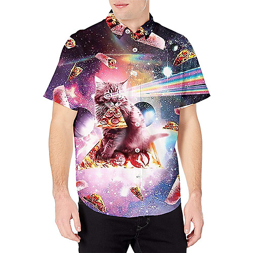 

Men's Shirt 3D Print Cat Graphic Prints Animal Print Short Sleeve Daily Tops Basic Casual Rainbow