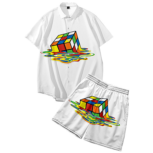 

Men's Shirt Suits 3D Print Rubik's Cube Button-Down 3D Print Short Sleeve Street Tops Fashion Classic Breathable Comfortable White