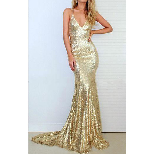 

Mermaid / Trumpet Sparkle Sexy Engagement Prom Dress V Neck Sleeveless Sweep / Brush Train Sequined with Sequin 2021