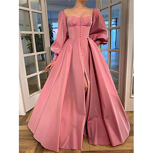 

A-Line Minimalist Elegant Engagement Prom Dress Scoop Neck Long Sleeve Floor Length Taffeta with Split 2021