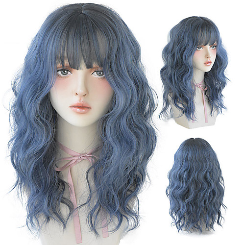 

Blue Deep Wave Wig With Bangs For Women Long Omber Brown Hair Layered Heat Resistant Cosplay Party Synthetic Wig