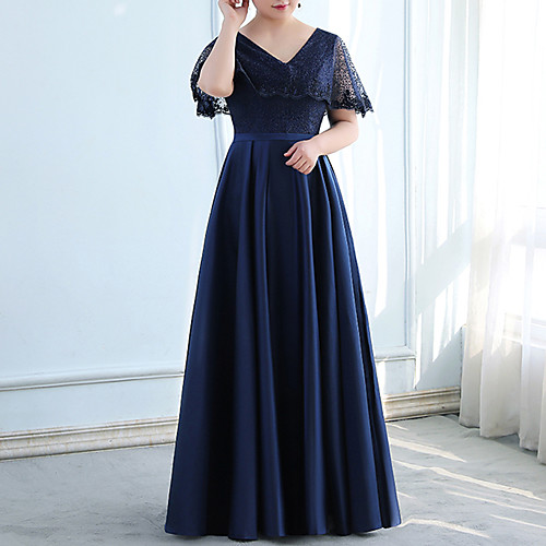 

A-Line Minimalist Plus Size Wedding Guest Formal Evening Dress V Neck Half Sleeve Floor Length Satin with Lace Insert 2021