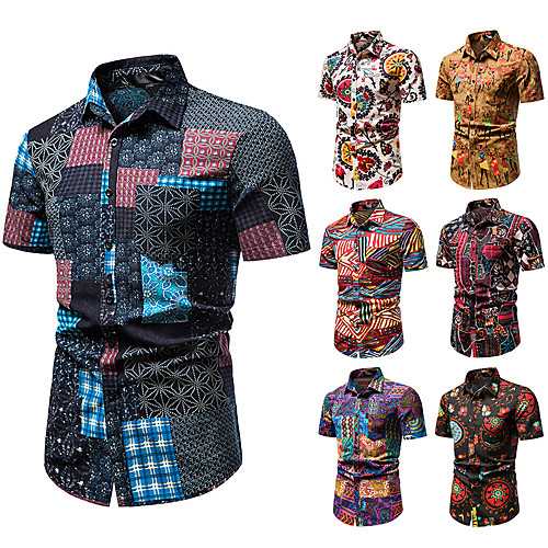 

Men's Shirt Other Prints Abstract Short Sleeve Daily Tops 100% Cotton Light Yellow Black / Red Black / White