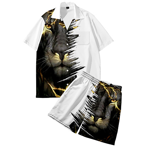 

Men's Shirt Suits 3D Print Lion Animal Button-Down 3D Print Short Sleeve Daily Tops Casual Fashion Breathable White