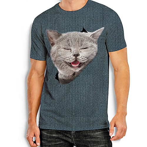 

Men's Tees T shirt 3D Print Cat Graphic Prints Animal Print Short Sleeve Daily Tops Basic Casual Blue