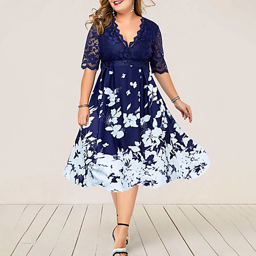 

Women's Plus Size Dress Swing Dress Midi Dress Flare Cuff Sleeve Half Sleeve Floral Zipper Lace V Neck Vintage Summer Purple Black Dark Blue L XL XXL 3XL 4XL 5XL 6XL