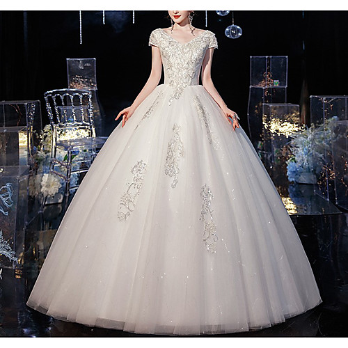 

Princess Ball Gown Wedding Dresses V Neck Floor Length Lace Tulle Short Sleeve Formal Romantic with Beading Appliques 2021