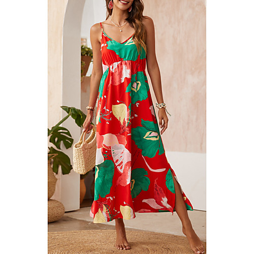 

Women's Strap Dress Midi Dress Red Sleeveless Floral Print Summer V Neck Casual 3D Print S M L XL