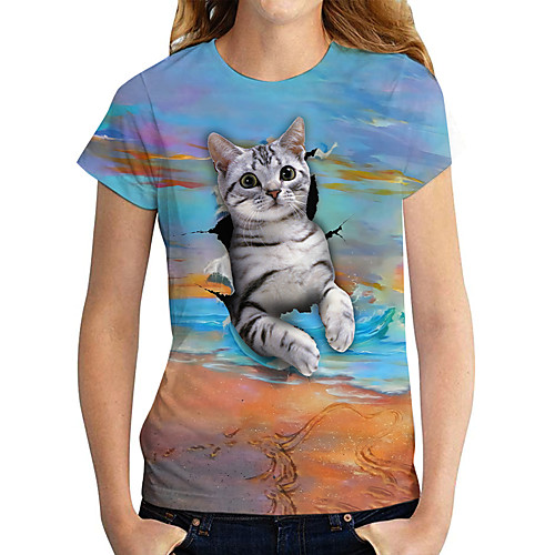 

Women's T shirt Cat Graphic 3D Print Round Neck Tops Basic Basic Top Blue