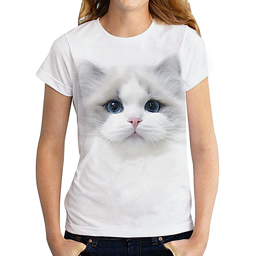 

Women's T shirt Cat Graphic 3D Print Round Neck Tops Basic Basic Top White