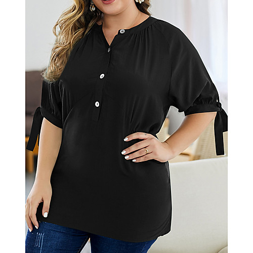 

Women's Plus Size Drawstring Plain T shirt Large Size V Neck Half Sleeve Tops XL XXL 3XL Black Yellow Green Big Size / Cotton