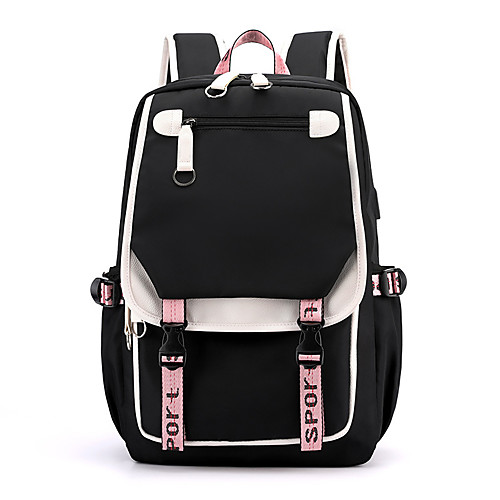 

Unisex Oxford Commuter Backpack Large Capacity Waterproof Zipper Letter Daily School Black Blushing Pink