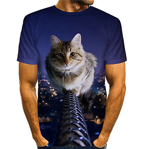 

Men's Tees T shirt 3D Print Cat Graphic Prints Animal Print Short Sleeve Daily Tops Basic Casual Royal Blue