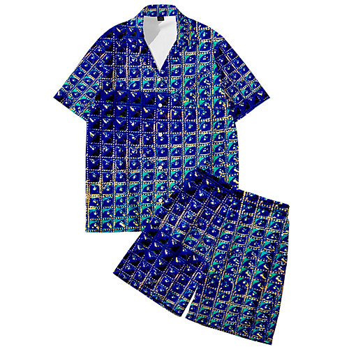 

Men's Shirt Suits 3D Print Optical Illusion Button-Down 3D Print Short Sleeve Street Tops Fashion Classic Breathable Comfortable Blue