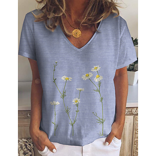 

Women's T shirt Graphic Floral Print V Neck Tops Basic Basic Top Blue Khaki Gray