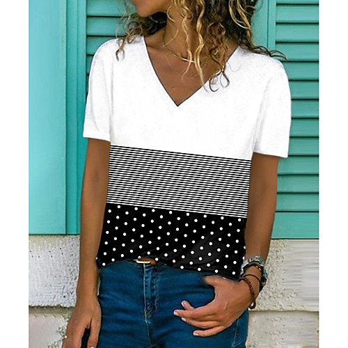 

Women's T shirt Polka Dot Striped Color Block Print V Neck Tops Basic Basic Top White