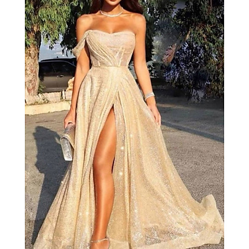 

A-Line Sparkle Sexy Engagement Prom Dress Strapless Sleeveless Sweep / Brush Train Sequined with Pleats Split 2021