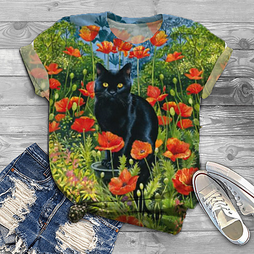 

Women's Plus Size Print Cat Graphic Animal T shirt Large Size Crewneck Short Sleeve Tops XL XXL 3XL Green Big Size