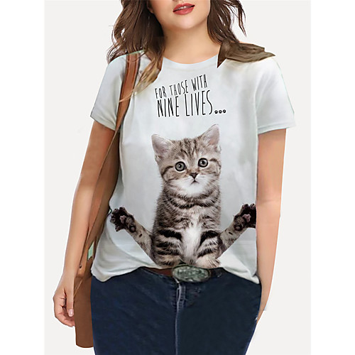 

Women's Plus Size Print Cat Graphic Animal T shirt Large Size Crewneck Short Sleeve Basic Tops XL XXL 3XL White Big Size