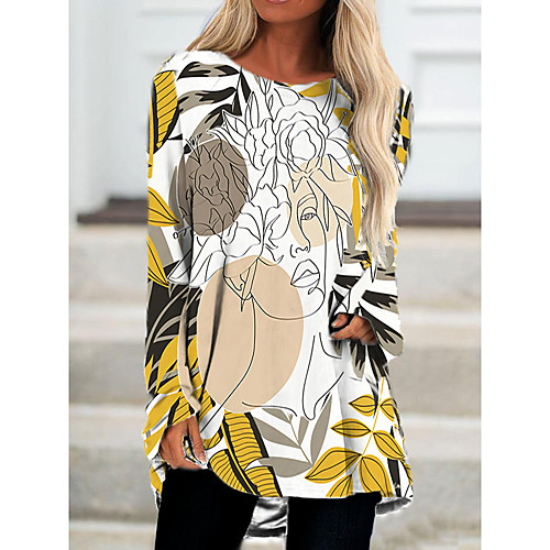 

Women's T Shirt Dress Tee Dress Short Mini Dress Yellow Long Sleeve Color Block Geometric Print Fall Spring Round Neck Casual 2021 S M L XL XXL 3XL