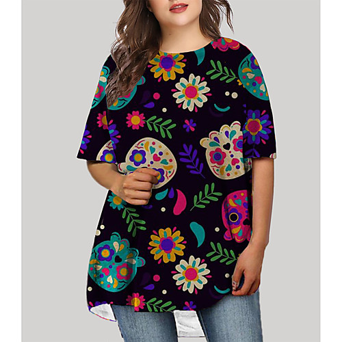 

Women's Plus Size Graphic Color Block Floral Print Casual Half Sleeve Fall Short Mini Dress T Shirt Dress Tee Dress Black