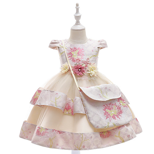 

Princess Knee Length Event / Party / Holiday Flower Girl Dresses - Tulle Cap Sleeve Jewel Neck with Bow(s) / Tier / Appliques