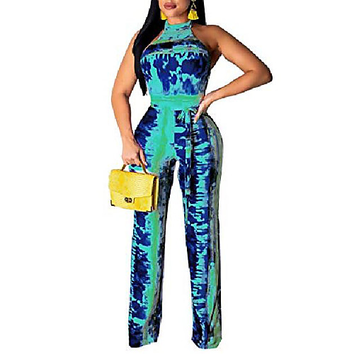 

womens tie dye print halter neck tie up wide leg long jumpsuits rompers green xxl
