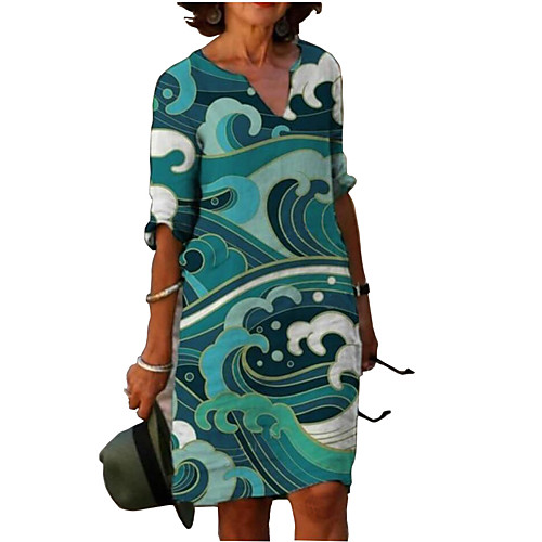 

Women's A Line Dress Knee Length Dress Green 3/4 Length Sleeve Geometric Print Spring Summer V Neck Formal 2021 S M L XL XXL 3XL