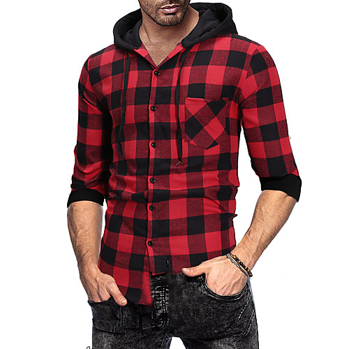 

Men's Shirt non-printing Plaid Long Sleeve Casual Tops White Red