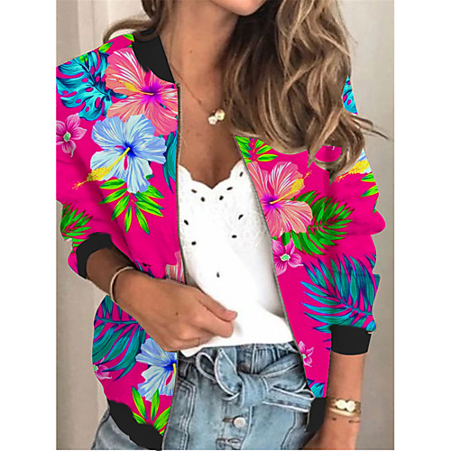 

Women's Plants Print Active Spring & Fall Jacket Regular Daily Long Sleeve Air Layer Fabric Coat Tops Fuchsia