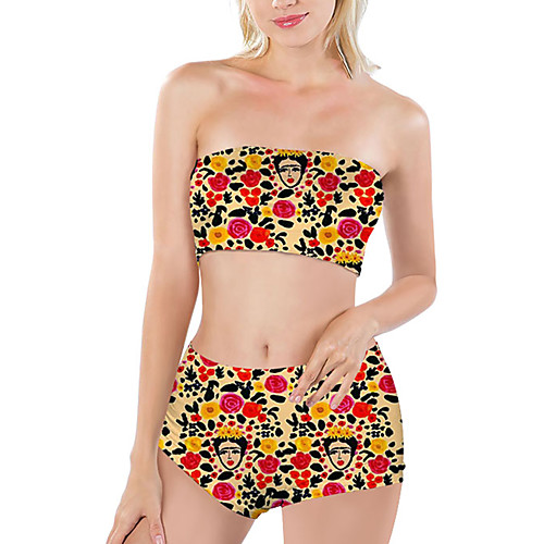 

Women's Tankini 2 Piece Swimsuit Print Floral Yellow Swimwear Bandeau Strapless Bathing Suits New Vacation Cute / Party