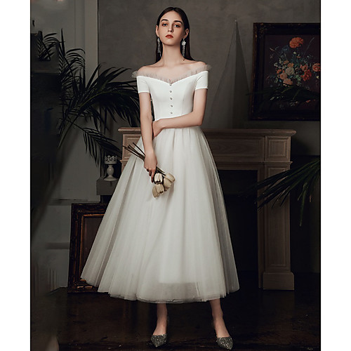 

A-Line Wedding Dresses Off Shoulder Tea Length Satin Tulle Short Sleeve Simple Vintage Little White Dress 1950s with Pearls Cascading Ruffles 2021