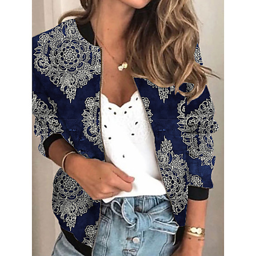 

Women's Print Print Active Spring & Fall Jacket Regular Daily Long Sleeve Air Layer Fabric Coat Tops Blue