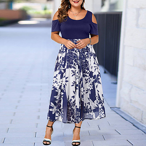 

Women's A Line Dress Maxi long Dress Black Blue Wine Short Sleeve Geometric Print Fall Summer Round Neck Elegant Casual 2021 L XL XXL 3XL 4XL 5XL