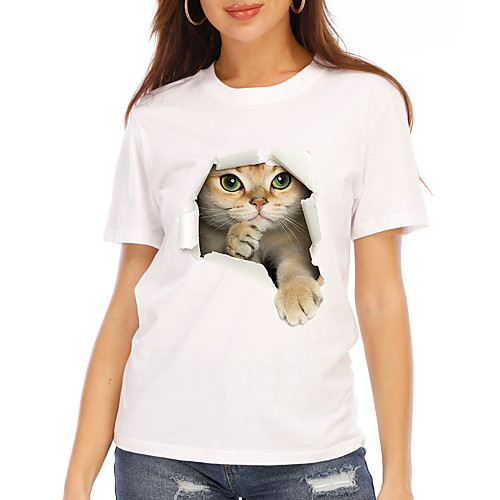 

Women's T shirt Cat Graphic 3D Print Round Neck Tops 100% Cotton Basic Basic Top White Black