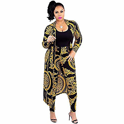 

women 2 piece floral print club outfits long sleeve floral open front cardigan and pants set 1816d gold-xxl