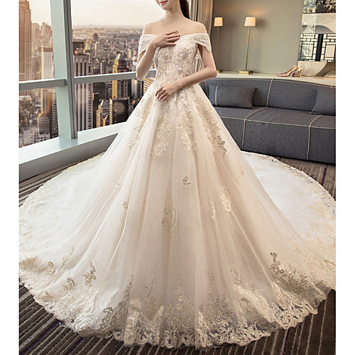 

Princess Ball Gown Wedding Dresses Off Shoulder Chapel Train Lace Tulle Short Sleeve Formal Luxurious Elegant with Pleats Appliques 2021
