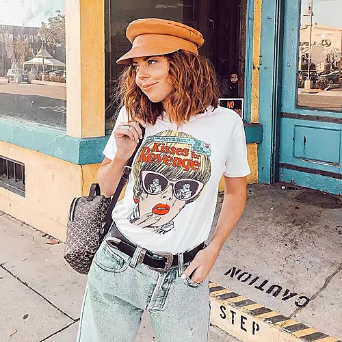 

Women's T shirt Cartoon Graphic Print Round Neck Tops Cotton Basic Basic Top White Black Purple