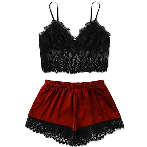 

Women's Layered Lace Hole Matching Bralettes Suits Nightwear Solid Colored Embroidered Bra Black / Red / Wine XS S M