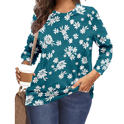 

Women's Plus Size Print Graphic Floral Sunflower T shirt Large Size Crewneck Long Sleeve Basic Tops XL XXL 3XL Blue Big Size