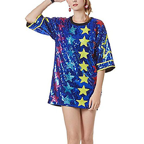 

womens ins fashion sparkle glitter sequins paillette colorful stars letters printed hip hop loose long tunic shirts tank tops bar party clubwear dress blue