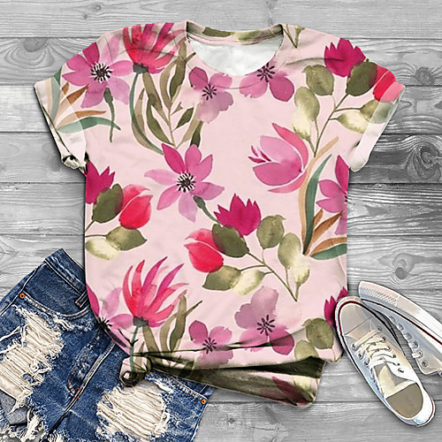 

Women's Plus Size Print Graphic Floral T shirt Large Size Crewneck Short Sleeve Vintage Tops XL XXL 3XL Blushing Pink Big Size