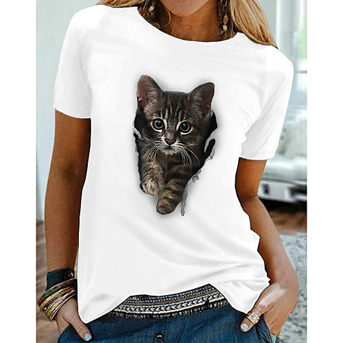 

Women's T shirt Cat Graphic 3D Print Round Neck Tops 100% Cotton Basic Basic Top White Black