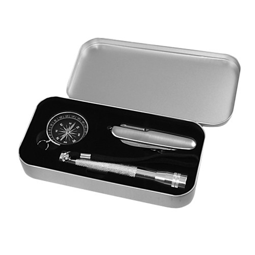 

3pcs Outdoor Kit Gift Set LED Flashlight Compass Camping Knife in Metal Stainless Box