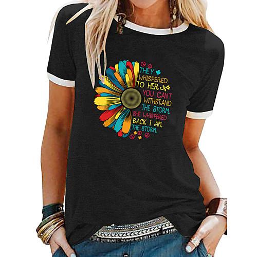 

Women's T shirt Floral Letter Patchwork Print Round Neck Tops Basic Basic Top White Black Blue