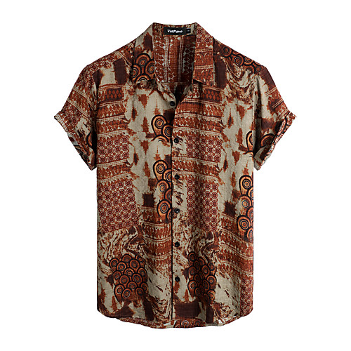 

Men's Shirt Tribal Short Sleeve Daily Tops Cotton Basic Boho Coffee