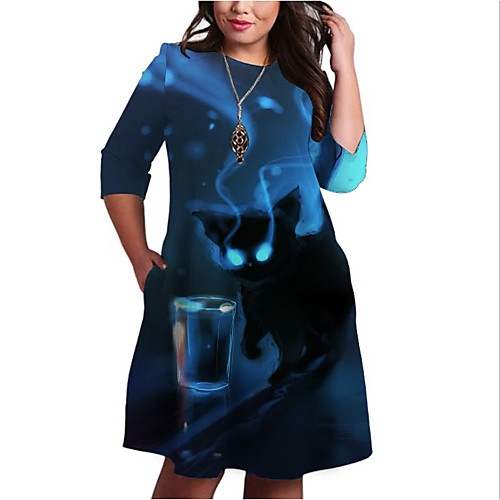 

Women's Plus Size Dresses Shift Dress Knee Length Dress 3/4 Length Sleeve Cat Graphic Animal Print Casual Fall Blue XL XXL 3XL 4XL 5XL / Holiday